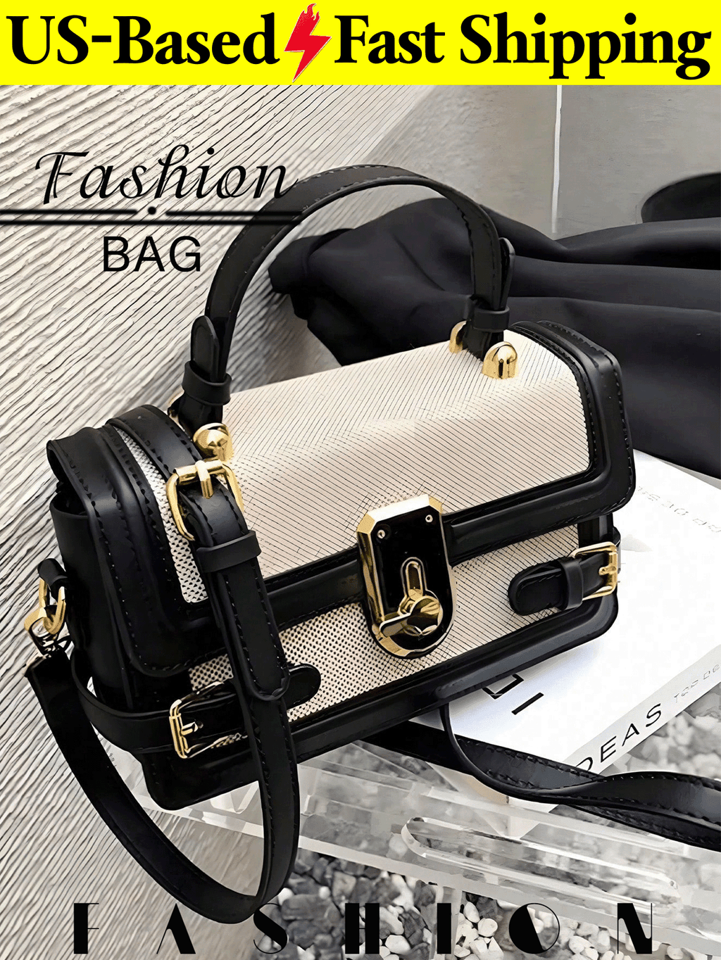 1 PC Black-And-White Color-Blocked Shoulder Bag,And Tote Bag,Purse,Bags,Black Purse,Purses And Bags Women,Crossbody Bags For Women,Work Bag,Makeup Bag