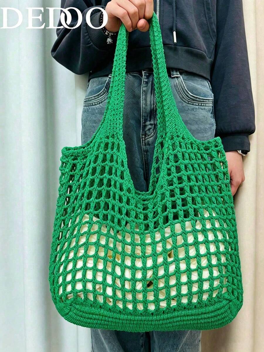 Dedoo Cream White Hollow Knit Large Capacity Tote Bag, Mesh Shopping Bag, Practical Shoulder Bag, Suitable For Vacation And Daily Outings
