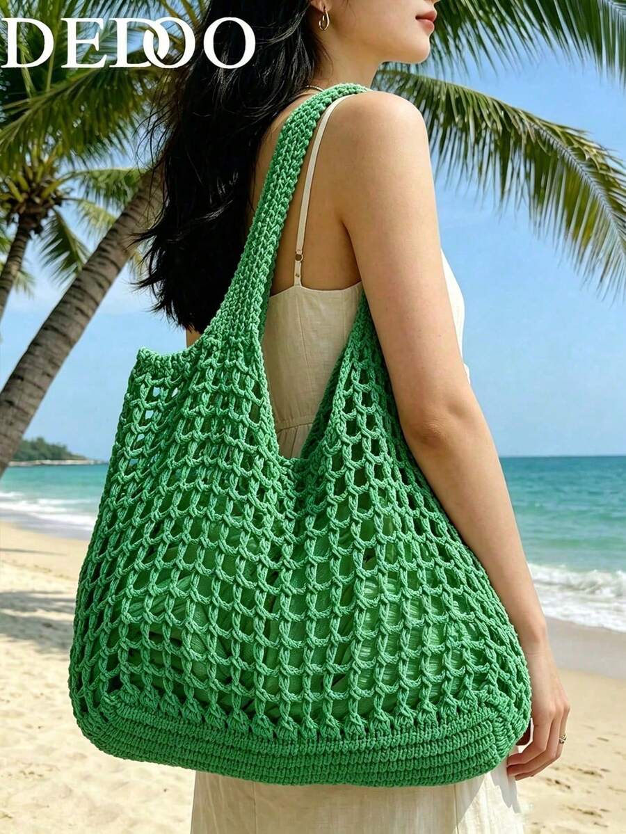 Dedoo Cream White Hollow Knit Large Capacity Tote Bag, Mesh Shopping Bag, Practical Shoulder Bag, Suitable For Vacation And Daily Outings