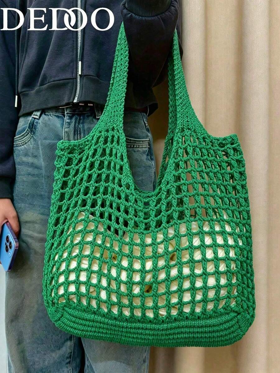 Dedoo Cream White Hollow Knit Large Capacity Tote Bag, Mesh Shopping Bag, Practical Shoulder Bag, Suitable For Vacation And Daily Outings