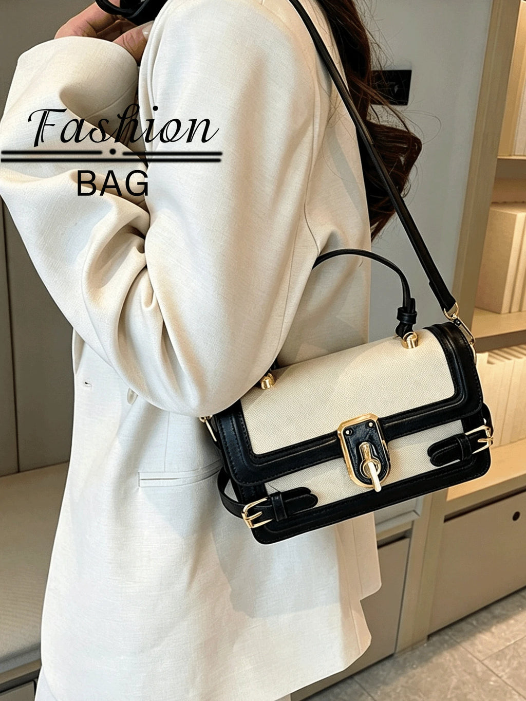 1 PC Black-And-White Color-Blocked Shoulder Bag,And Tote Bag,Purse,Bags,Black Purse,Purses And Bags Women,Crossbody Bags For Women,Work Bag,Makeup Bag