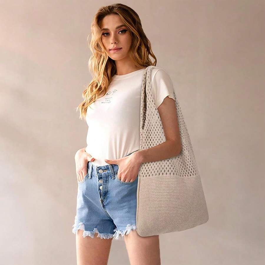 Knitted Shoulder Tote Bag Large Crochet Beach Bag Hobo Bag Aesthetic Tote Handbags For Women
