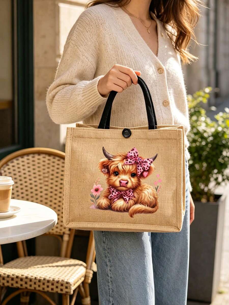 Cute Bow Highland Cow Print Tote Bag, Inspirational Highland Cow Theme Large Capacity Tote Bag, Multifunctional Shoulder Bag, Fixed Strap, Button Closure; Reusable Shopping Bag, Portable Commuter Bag