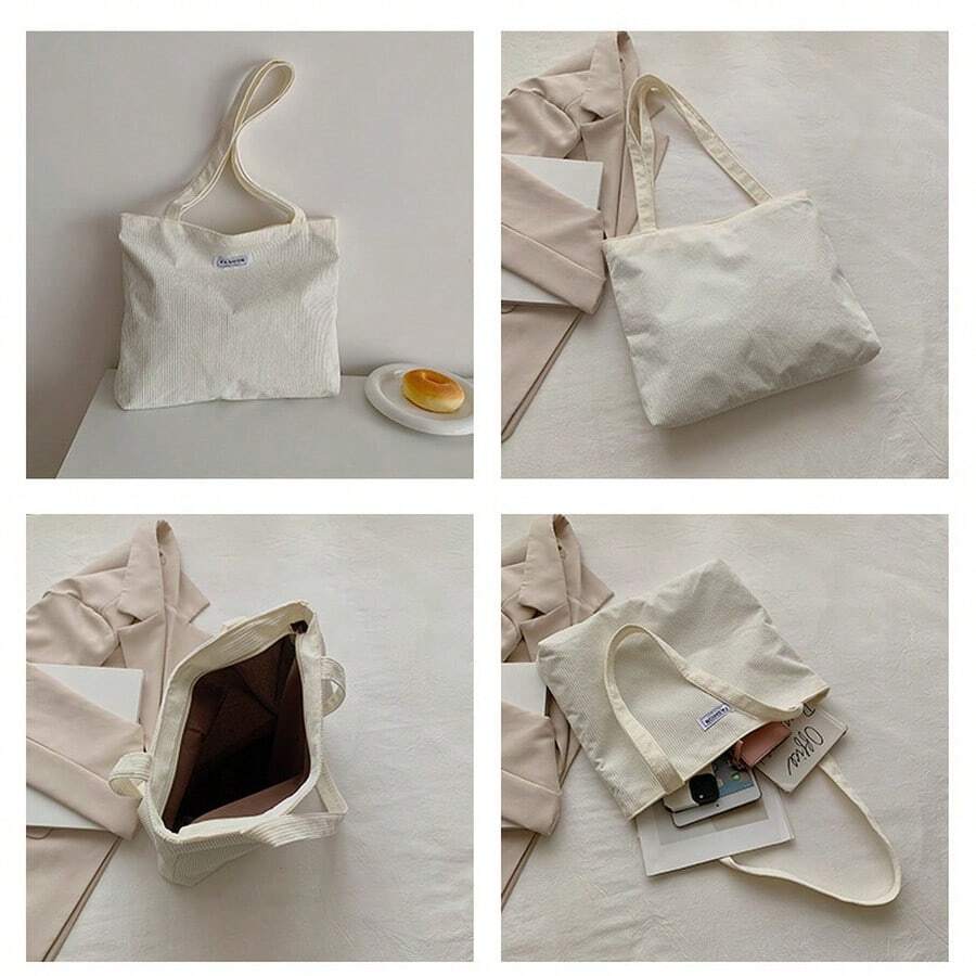 Ladies Retro Corduroy Tote Bag Minimalist Large Capacity Shoulder Handbag Casual Vintage Canvas Shopper Bag For Work School Daily Use
