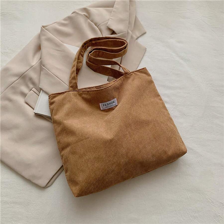Ladies Retro Corduroy Tote Bag Minimalist Large Capacity Shoulder Handbag Casual Vintage Canvas Shopper Bag For Work School Daily Use