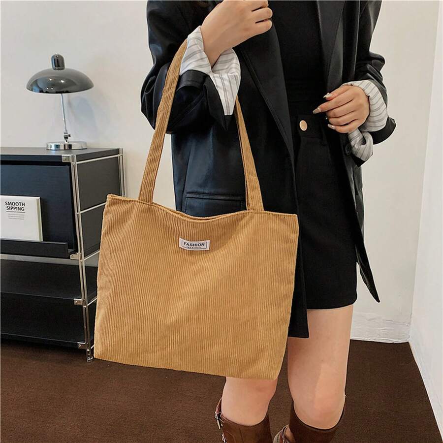 Ladies Retro Corduroy Tote Bag Minimalist Large Capacity Shoulder Handbag Casual Vintage Canvas Shopper Bag For Work School Daily Use