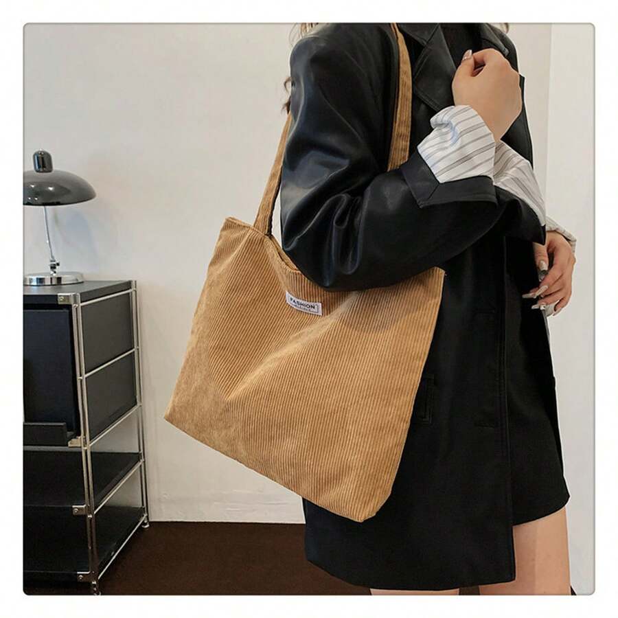 Ladies Retro Corduroy Tote Bag Minimalist Large Capacity Shoulder Handbag Casual Vintage Canvas Shopper Bag For Work School Daily Use