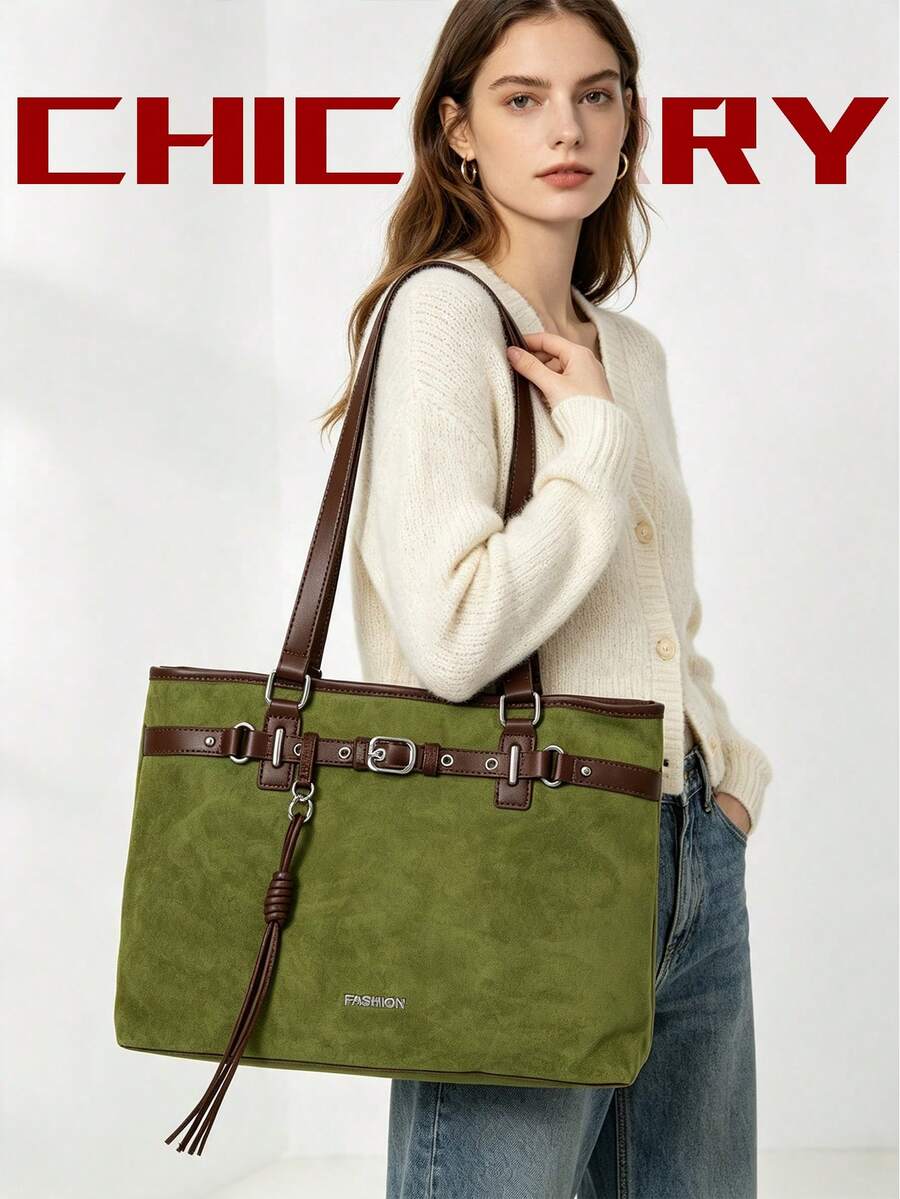 2pcs Women's Elegant Large Capacity Green Tote Bag, Light Luxury Fashion Style, Faux Suede Shoulder Bag, Strap Design, Knot Decoration, Autumn/Winter New College Student Commuter Bag, Suitable For Sho