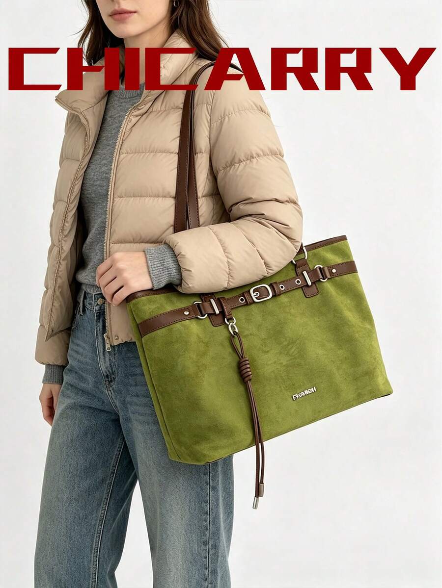 2pcs Women's Elegant Large Capacity Green Tote Bag, Light Luxury Fashion Style, Faux Suede Shoulder Bag, Strap Design, Knot Decoration, Autumn/Winter New College Student Commuter Bag, Suitable For Sho