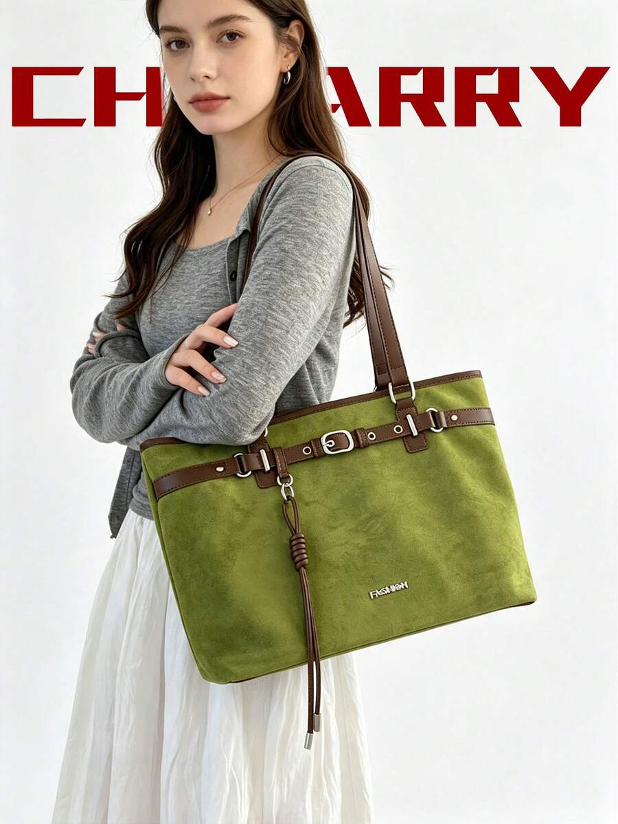 2pcs Women's Elegant Large Capacity Green Tote Bag, Light Luxury Fashion Style, Faux Suede Shoulder Bag, Strap Design, Knot Decoration, Autumn/Winter New College Student Commuter Bag, Suitable For Sho