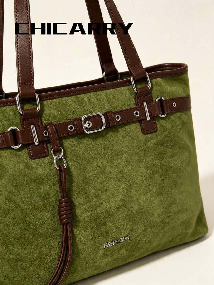 2pcs Women's Elegant Large Capacity Green Tote Bag, Light Luxury Fashion Style, Faux Suede Shoulder Bag, Strap Design, Knot Decoration, Autumn/Winter New College Student Commuter Bag, Suitable For Sho