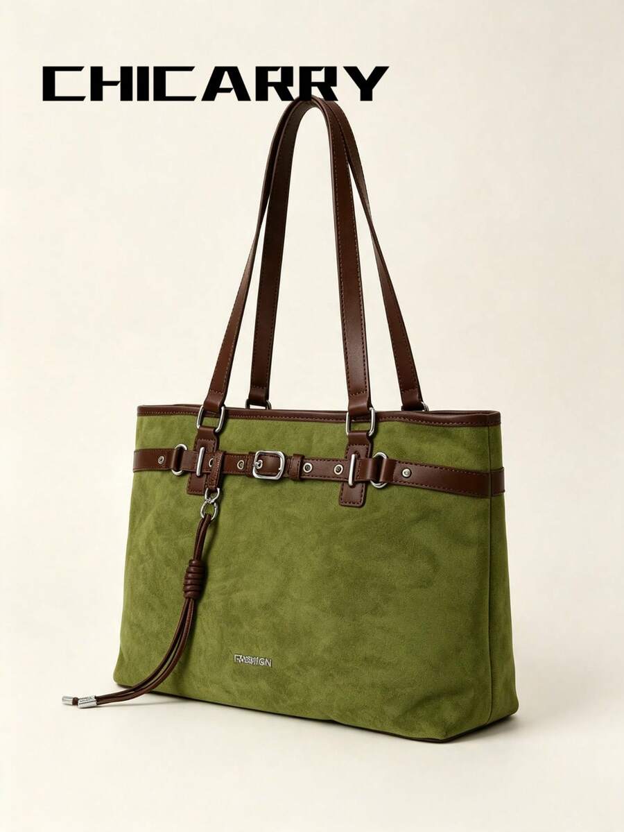 2pcs Women's Elegant Large Capacity Green Tote Bag, Light Luxury Fashion Style, Faux Suede Shoulder Bag, Strap Design, Knot Decoration, Autumn/Winter New College Student Commuter Bag, Suitable For Sho
