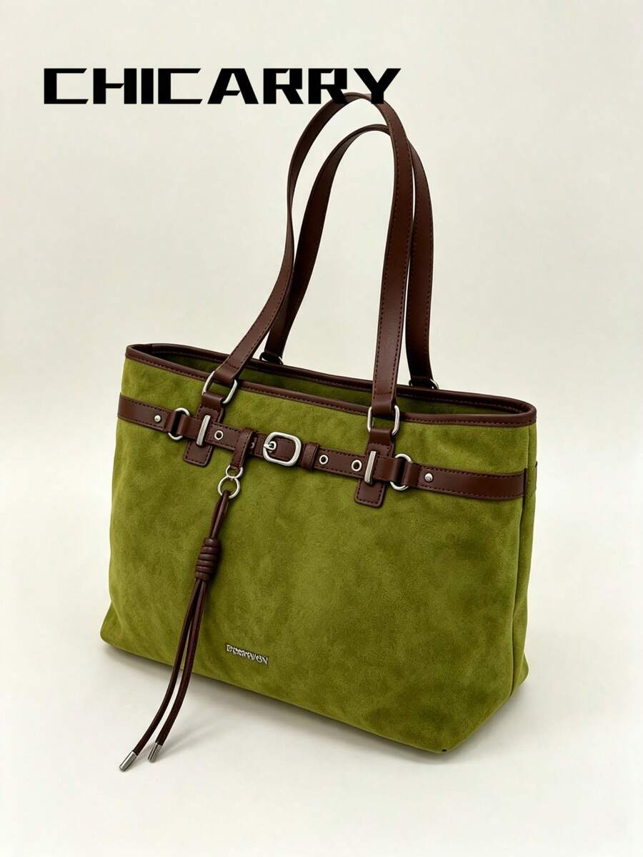 2pcs Women's Elegant Large Capacity Green Tote Bag, Light Luxury Fashion Style, Faux Suede Shoulder Bag, Strap Design, Knot Decoration, Autumn/Winter New College Student Commuter Bag, Suitable For Sho