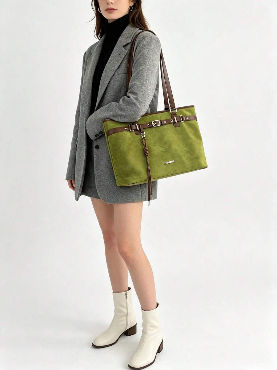 2pcs Women's Elegant Large Capacity Green Tote Bag, Light Luxury Fashion Style, Faux Suede Shoulder Bag, Strap Design, Knot Decoration, Autumn/Winter New College Student Commuter Bag, Suitable For Sho