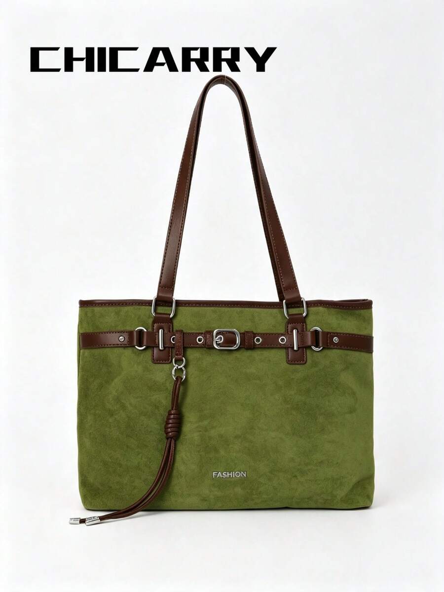 2pcs Women's Elegant Large Capacity Green Tote Bag, Light Luxury Fashion Style, Faux Suede Shoulder Bag, Strap Design, Knot Decoration, Autumn/Winter New College Student Commuter Bag, Suitable For Sho