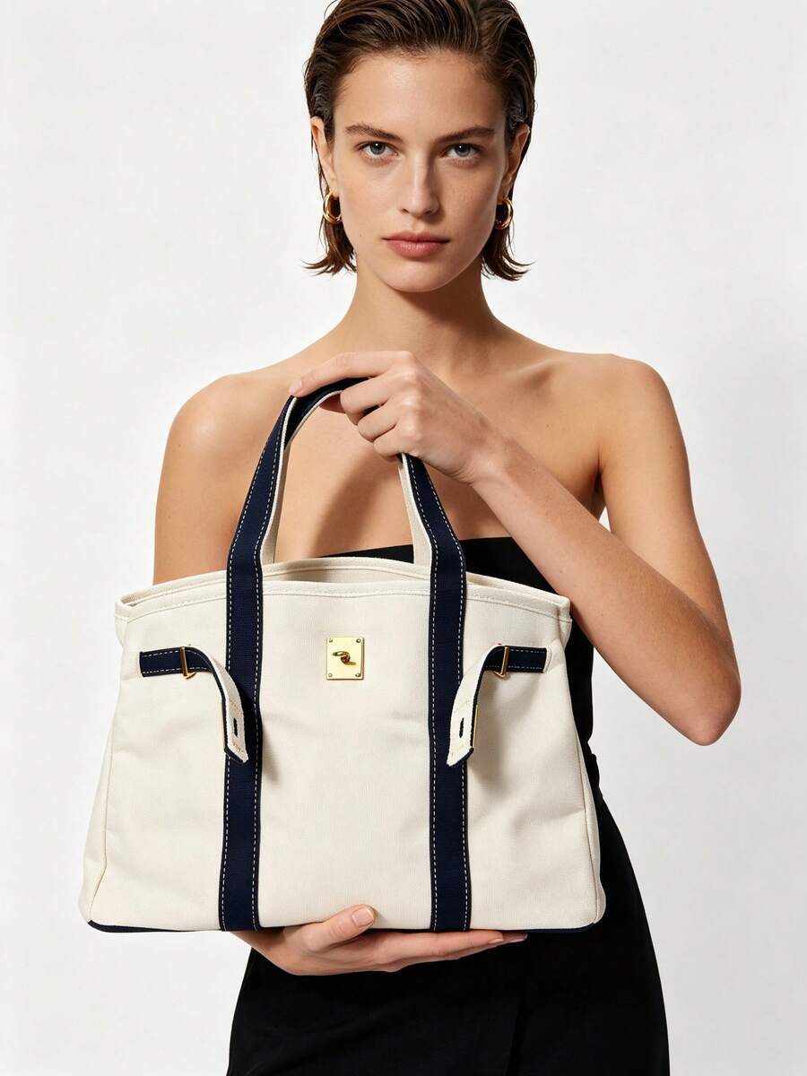 Canvas Tote Bag For Women 2026 New Arrival Luxurious Niche Design Color-Blocked Handbag Spacious Commuter Tote Versatile Everyday Bag