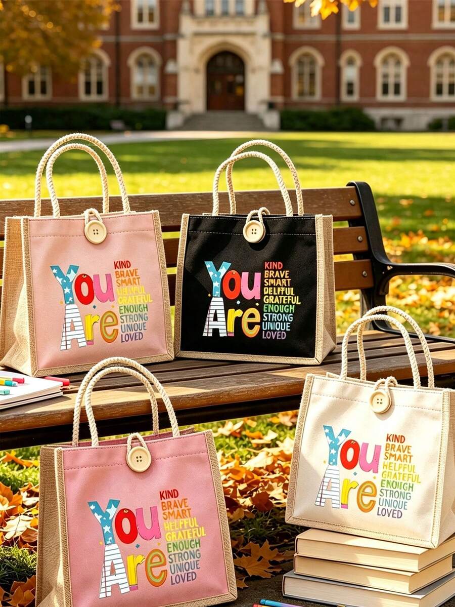 Inspirational Print Tote Bag Set, Fun Design, With Zipper Coin Purse, Large Capacity Cosmetic Bag, Reusable Shopping Bag, Multi-Functional Toiletry Bag, Makeup Storage Bag, Travel Cosmetic Bag, Portab