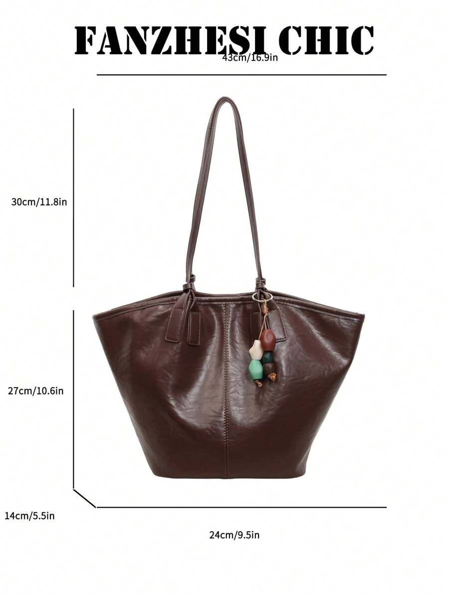 Korean Style Slouchy Vintage Distressed Pleated Leather Tote Bag With Double Long Shoulder Straps, Minimalist Stitching Design, Comes With Contrast Color Wooden Bead Charm, Gentle Outfit, Suitable For