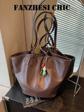 Korean Style Slouchy Vintage Distressed Pleated Leather Tote Bag With Double Long Shoulder Straps, Minimalist Stitching Design, Comes With Contrast Color Wooden Bead Charm, Gentle Outfit, Suitable For
