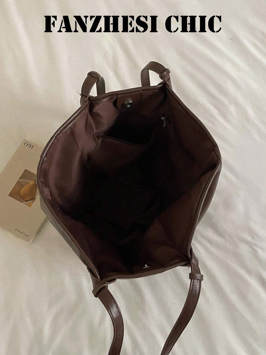 Korean Style Slouchy Vintage Distressed Pleated Leather Tote Bag With Double Long Shoulder Straps, Minimalist Stitching Design, Comes With Contrast Color Wooden Bead Charm, Gentle Outfit, Suitable For