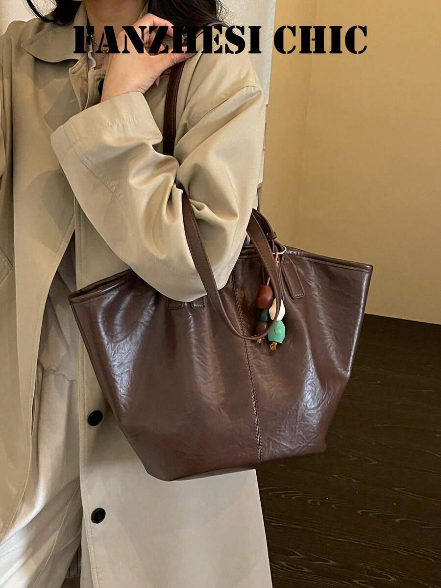 Korean Style Slouchy Vintage Distressed Pleated Leather Tote Bag With Double Long Shoulder Straps, Minimalist Stitching Design, Comes With Contrast Color Wooden Bead Charm, Gentle Outfit, Suitable For