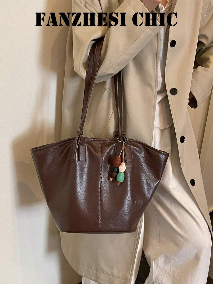 Korean Style Slouchy Vintage Distressed Pleated Leather Tote Bag With Double Long Shoulder Straps, Minimalist Stitching Design, Comes With Contrast Color Wooden Bead Charm, Gentle Outfit, Suitable For