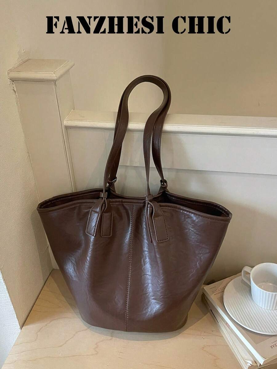 Korean Style Slouchy Vintage Distressed Pleated Leather Tote Bag With Double Long Shoulder Straps, Minimalist Stitching Design, Comes With Contrast Color Wooden Bead Charm, Gentle Outfit, Suitable For