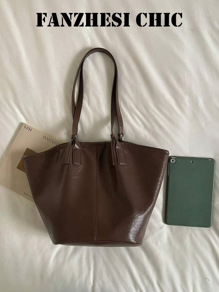 Korean Style Slouchy Vintage Distressed Pleated Leather Tote Bag With Double Long Shoulder Straps, Minimalist Stitching Design, Comes With Contrast Color Wooden Bead Charm, Gentle Outfit, Suitable For