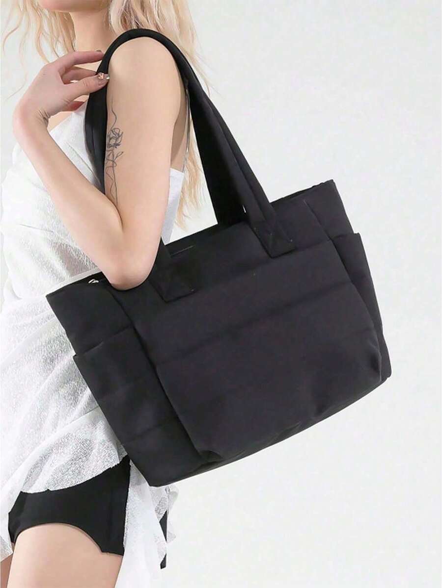 Black Puffer Tote Bags For Women, 15.6" Laptop Compartment Luggage Sleeve Multi Pocket Lightweight Work Travel Daily Commute Black Purse Handbag