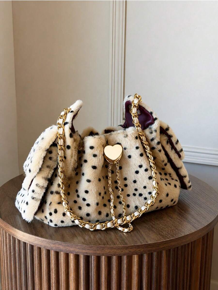 Fashion Leopart Dot Faux Fur Buckets Bag Designer Drawsting Chains Small Tote Bag Luxury Soft Plush Shoulder Crossbody Bags