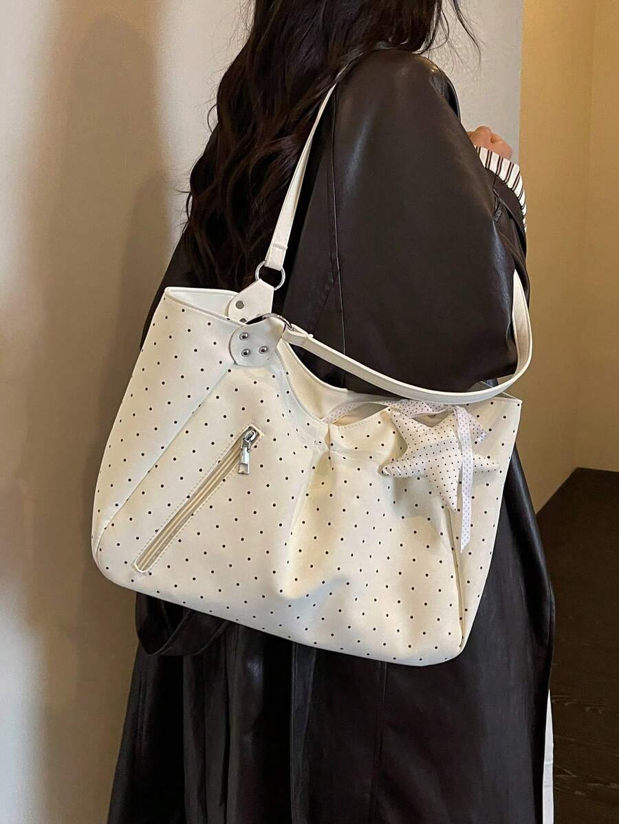 Polka Dot Large Capacity Women's Casual Relaxed Shoulder Bag Commuter Tote Bag