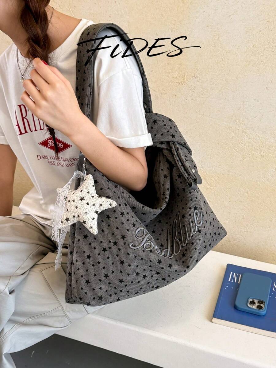 1PC New Women's Star Embroidery Letter Print Underarm Tote Bag, Versatile Underarm Hobo Bag, Shoulder Bag, Large Capacity Bag For Daily Commute, School, Shopping, Travel, Storage, Casual Women's Bag W
