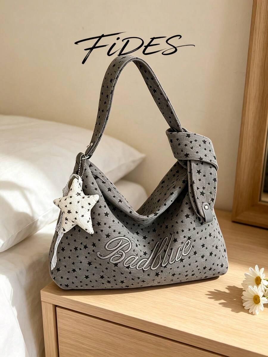 1PC New Women's Star Embroidery Letter Print Underarm Tote Bag, Versatile Underarm Hobo Bag, Shoulder Bag, Large Capacity Bag For Daily Commute, School, Shopping, Travel, Storage, Casual Women's Bag W