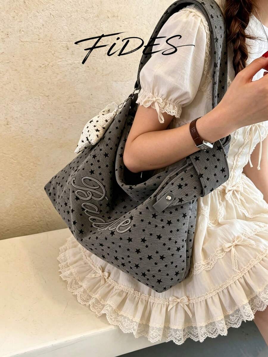 1PC New Women's Star Embroidery Letter Print Underarm Tote Bag, Versatile Underarm Hobo Bag, Shoulder Bag, Large Capacity Bag For Daily Commute, School, Shopping, Travel, Storage, Casual Women's Bag W