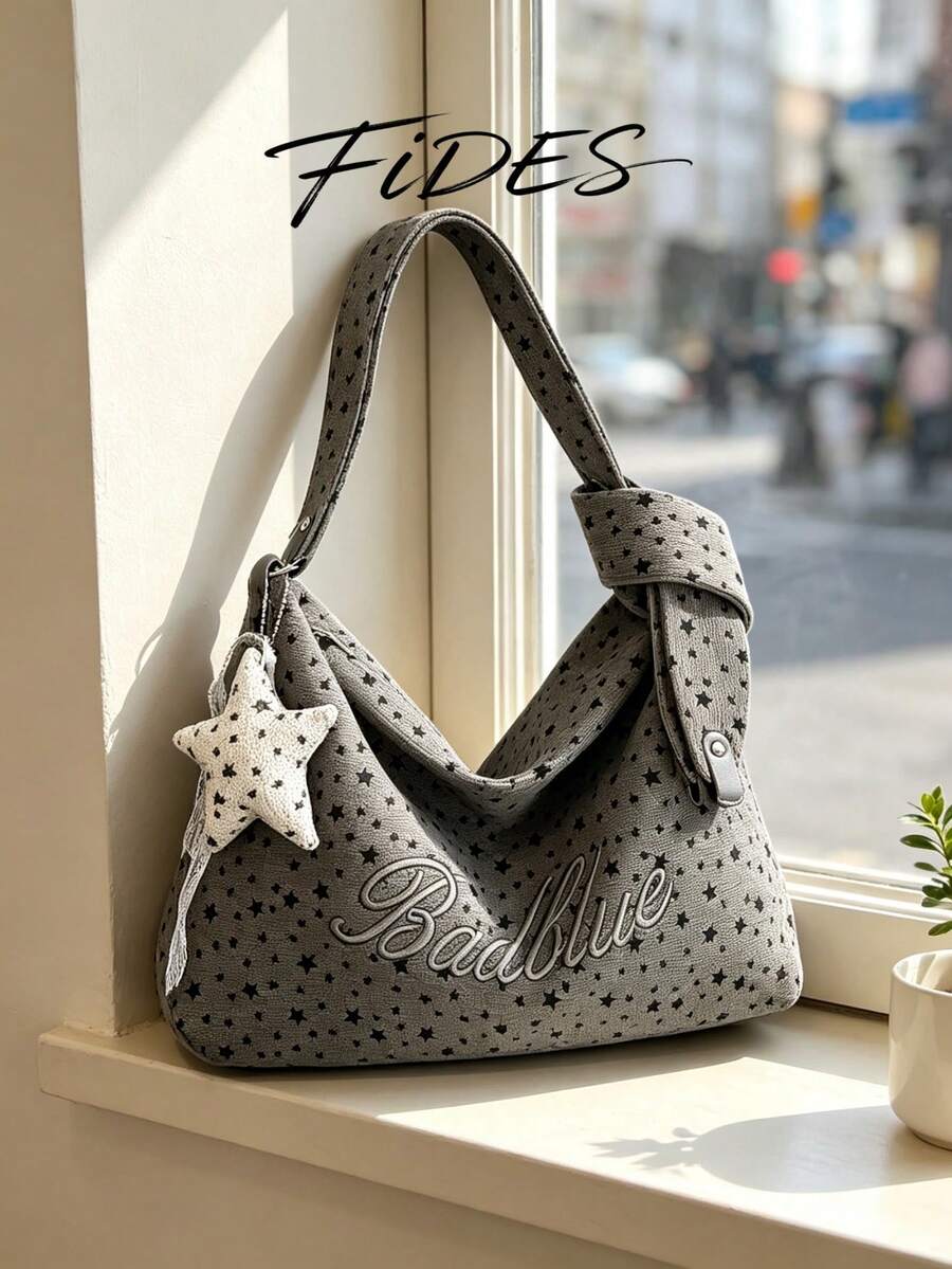 1PC New Women's Star Embroidery Letter Print Underarm Tote Bag, Versatile Underarm Hobo Bag, Shoulder Bag, Large Capacity Bag For Daily Commute, School, Shopping, Travel, Storage, Casual Women's Bag W