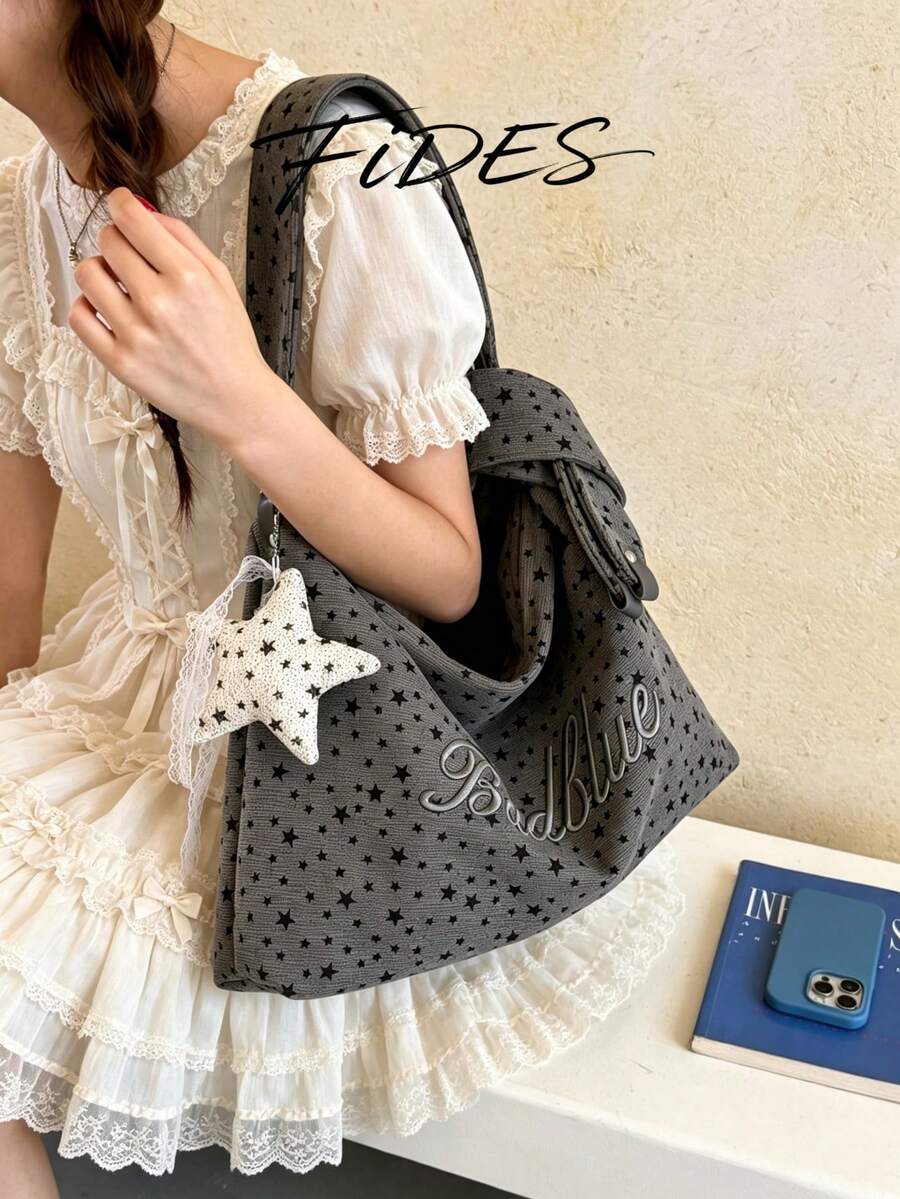 1PC New Women's Star Embroidery Letter Print Underarm Tote Bag, Versatile Underarm Hobo Bag, Shoulder Bag, Large Capacity Bag For Daily Commute, School, Shopping, Travel, Storage, Casual Women's Bag W