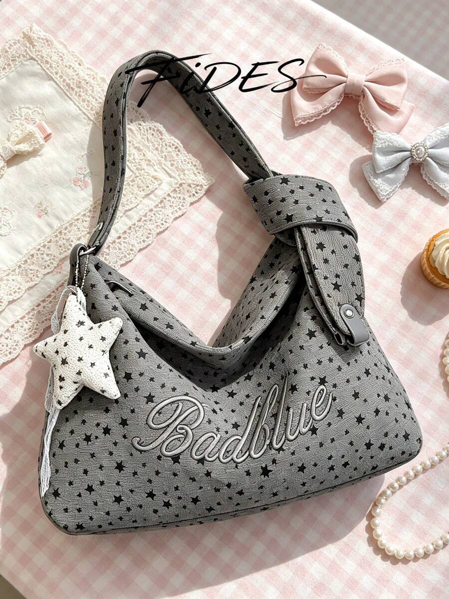 1PC New Women's Star Embroidery Letter Print Underarm Tote Bag, Versatile Underarm Hobo Bag, Shoulder Bag, Large Capacity Bag For Daily Commute, School, Shopping, Travel, Storage, Casual Women's Bag W