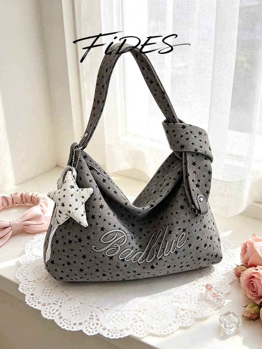1PC New Women's Star Embroidery Letter Print Underarm Tote Bag, Versatile Underarm Hobo Bag, Shoulder Bag, Large Capacity Bag For Daily Commute, School, Shopping, Travel, Storage, Casual Women's Bag W