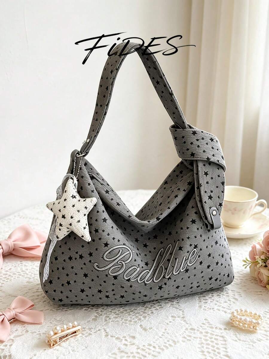 1PC New Women's Star Embroidery Letter Print Underarm Tote Bag, Versatile Underarm Hobo Bag, Shoulder Bag, Large Capacity Bag For Daily Commute, School, Shopping, Travel, Storage, Casual Women's Bag W