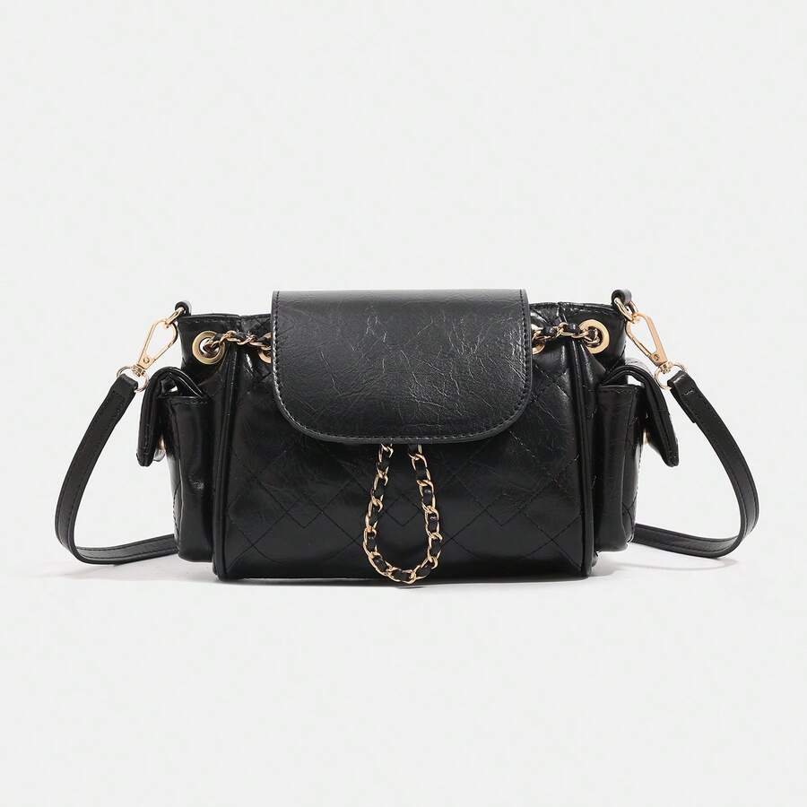 Tote Bag With A High-End Feel, Diamond-Patterned Chain Biker Bag For Women, Versatile Oil Wax Leather Underarm Bag For Autumn, Mini Backpack