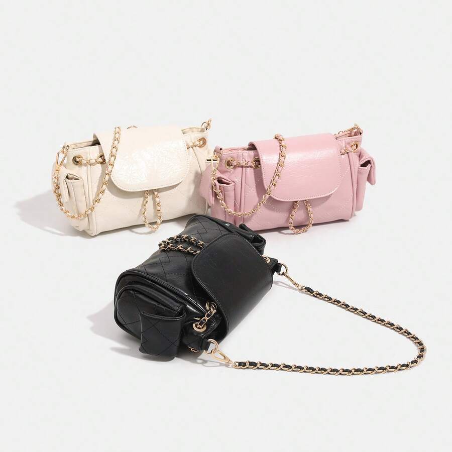 Tote Bag With A High-End Feel, Diamond-Patterned Chain Biker Bag For Women, Versatile Oil Wax Leather Underarm Bag For Autumn, Mini Backpack