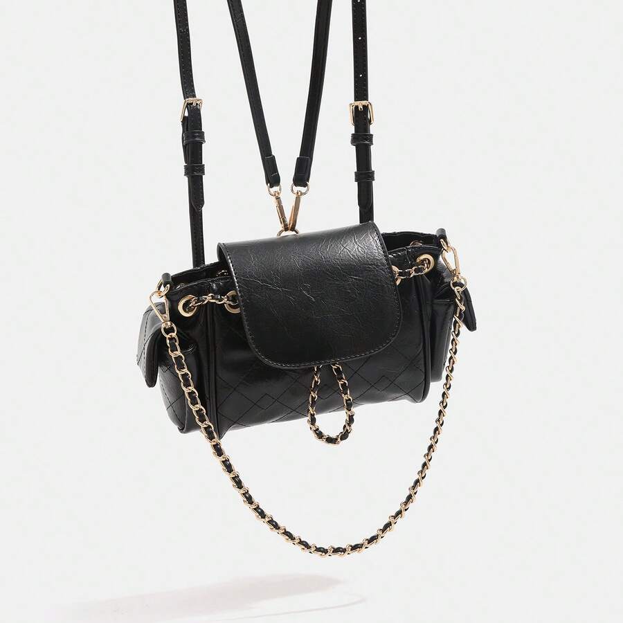 Tote Bag With A High-End Feel, Diamond-Patterned Chain Biker Bag For Women, Versatile Oil Wax Leather Underarm Bag For Autumn, Mini Backpack