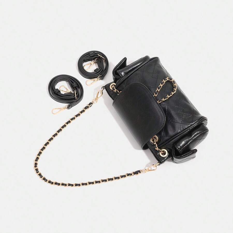 Tote Bag With A High-End Feel, Diamond-Patterned Chain Biker Bag For Women, Versatile Oil Wax Leather Underarm Bag For Autumn, Mini Backpack