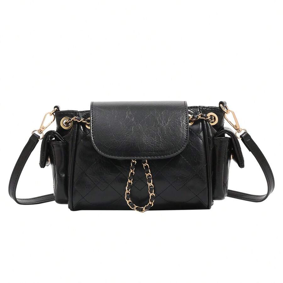 Tote Bag With A High-End Feel, Diamond-Patterned Chain Biker Bag For Women, Versatile Oil Wax Leather Underarm Bag For Autumn, Mini Backpack
