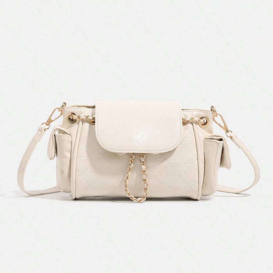 Tote Bag With A High-End Feel, Diamond-Patterned Chain Biker Bag For Women, Versatile Oil Wax Leather Underarm Bag For Autumn, Mini Backpack