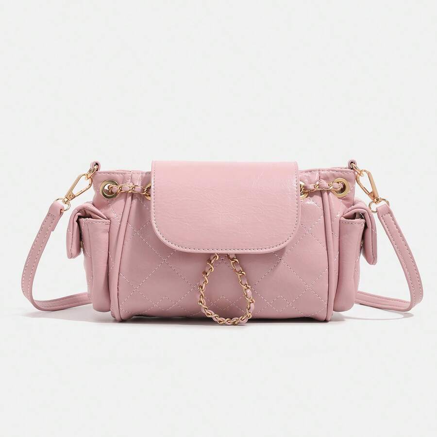 Tote Bag With A High-End Feel, Diamond-Patterned Chain Biker Bag For Women, Versatile Oil Wax Leather Underarm Bag For Autumn, Mini Backpack