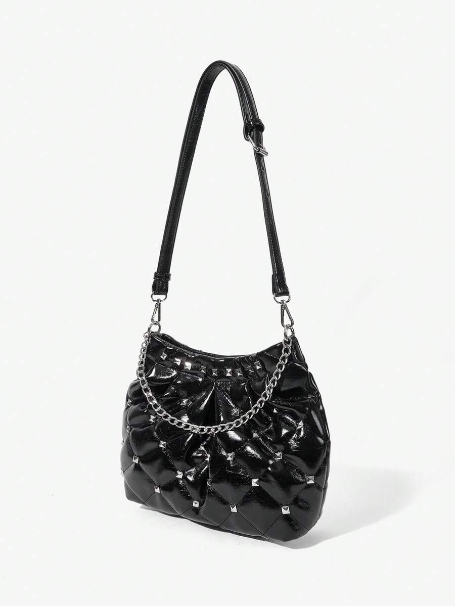 Viva Strut Ladies Bag, Black Quilted Bucket Bag, Tote Bag, Rivet Chain Handle Large Capacity Bag, Street Fashion, Suitable For Campus, Shopping, Music Festivals