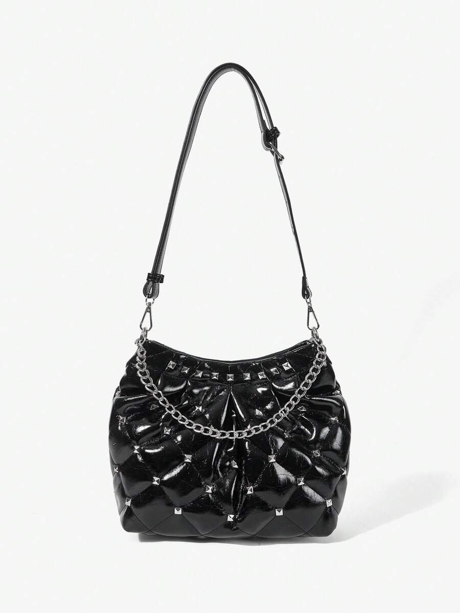 Viva Strut Ladies Bag, Black Quilted Bucket Bag, Tote Bag, Rivet Chain Handle Large Capacity Bag, Street Fashion, Suitable For Campus, Shopping, Music Festivals