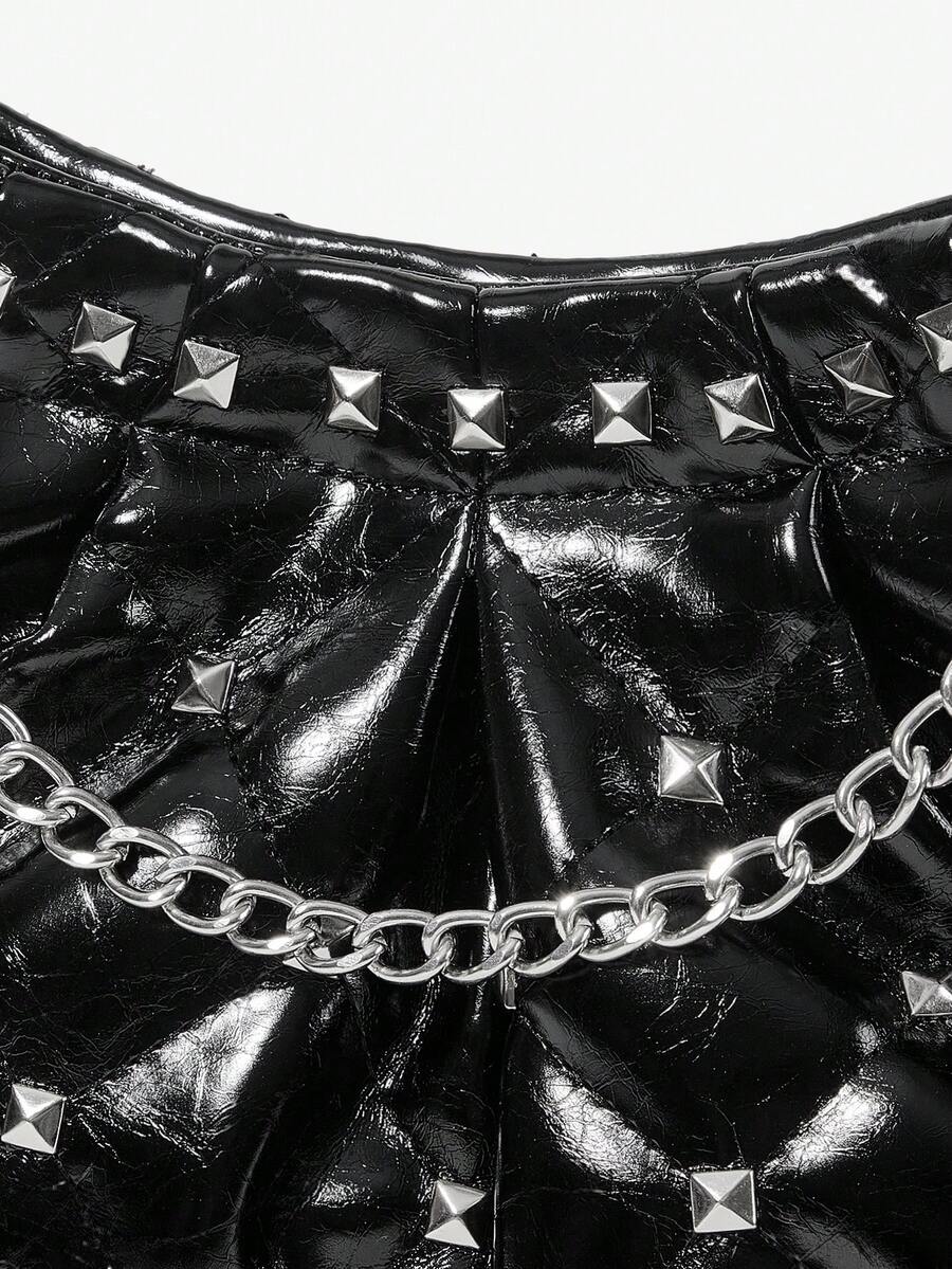 Viva Strut Ladies Bag, Black Quilted Bucket Bag, Tote Bag, Rivet Chain Handle Large Capacity Bag, Street Fashion, Suitable For Campus, Shopping, Music Festivals