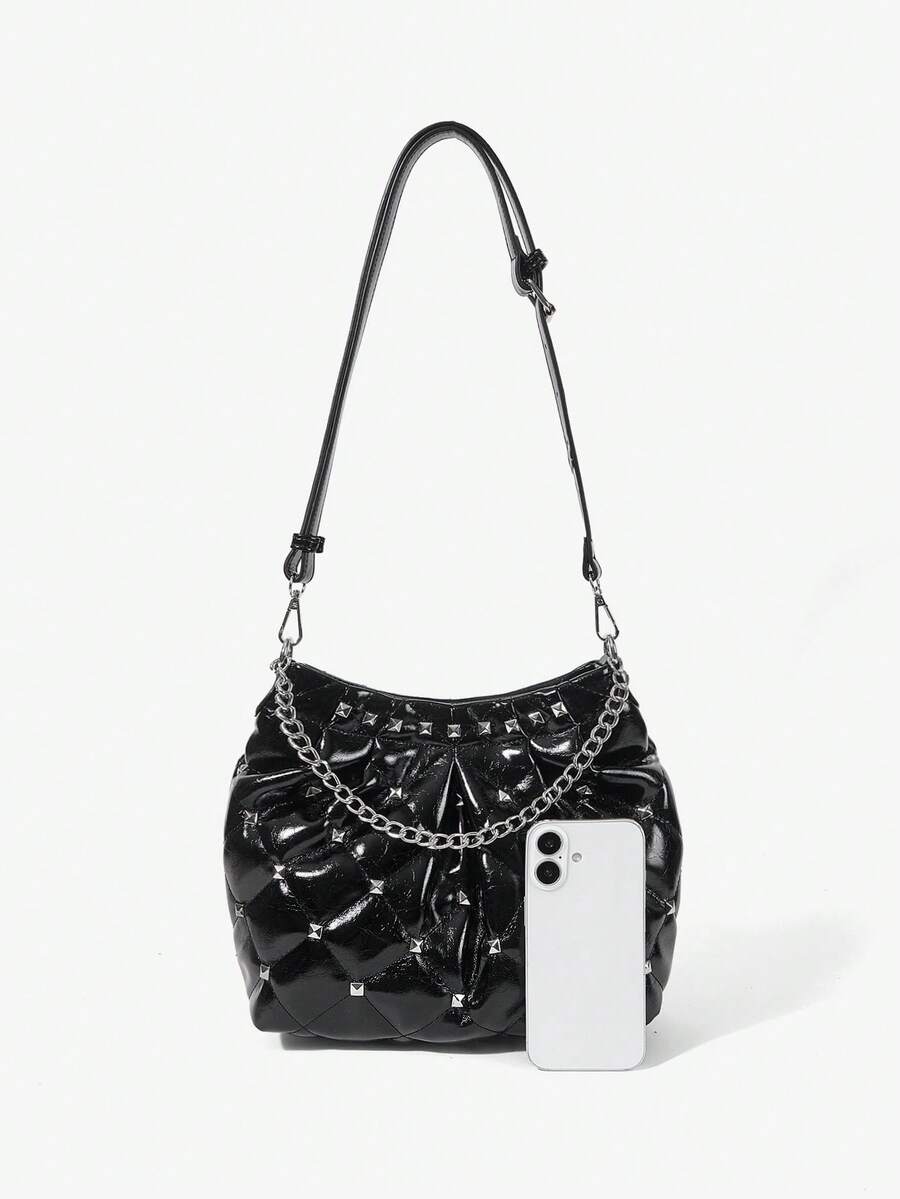 Viva Strut Ladies Bag, Black Quilted Bucket Bag, Tote Bag, Rivet Chain Handle Large Capacity Bag, Street Fashion, Suitable For Campus, Shopping, Music Festivals